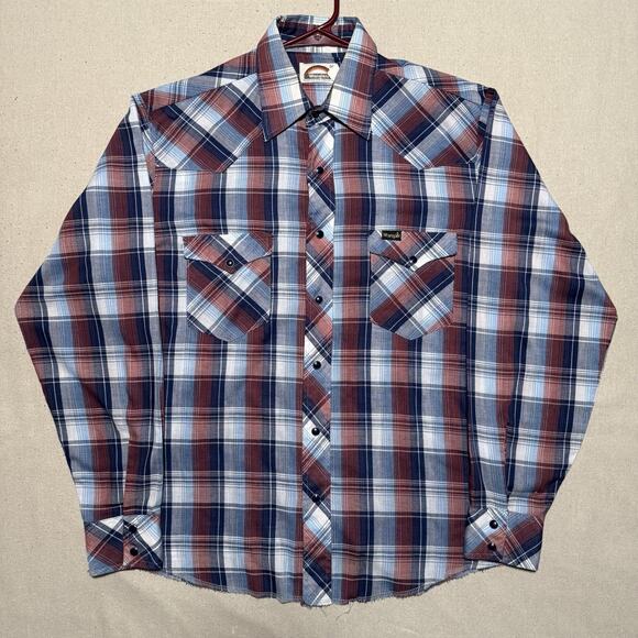 Wrangler Other - VTG Wrangler Shirt Mens Medium Blue Plaid Western Pearl Snap Sawtooth 70s 80s